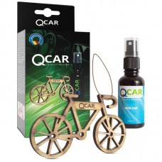 Odorizant auto QCar - bicicleta din lemn, forma 2D si sticla de parfum 30 ml