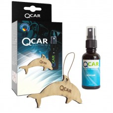 Odorizant auto QCar - delfin din lemn, forma 2D si sticla de parfum 30 ml