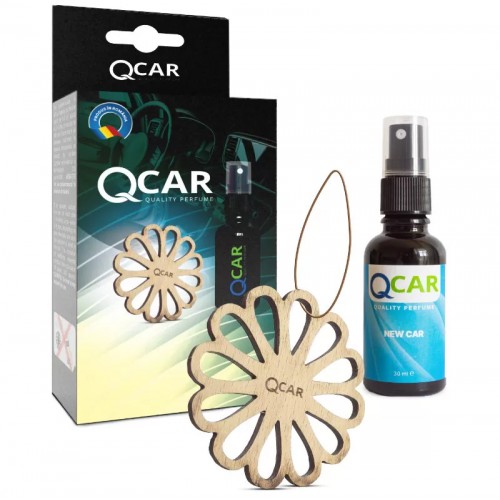 Odorizant auto QCar - floare din lemn, forma 2D si sticla de parfum 30 ml