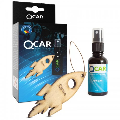 Odorizant auto QCar - racheta din lemn, forma 2D si sticla de parfum 30 ml